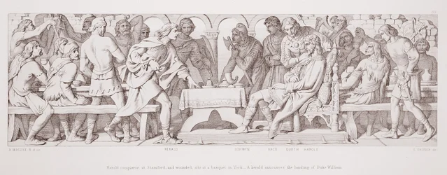 Harold, Eroberer von Stamford, und verwundet, sitzt bei einem Bankett in York, und ein Herold kündigt die Landung von Herzog Wilhelm an, aus 